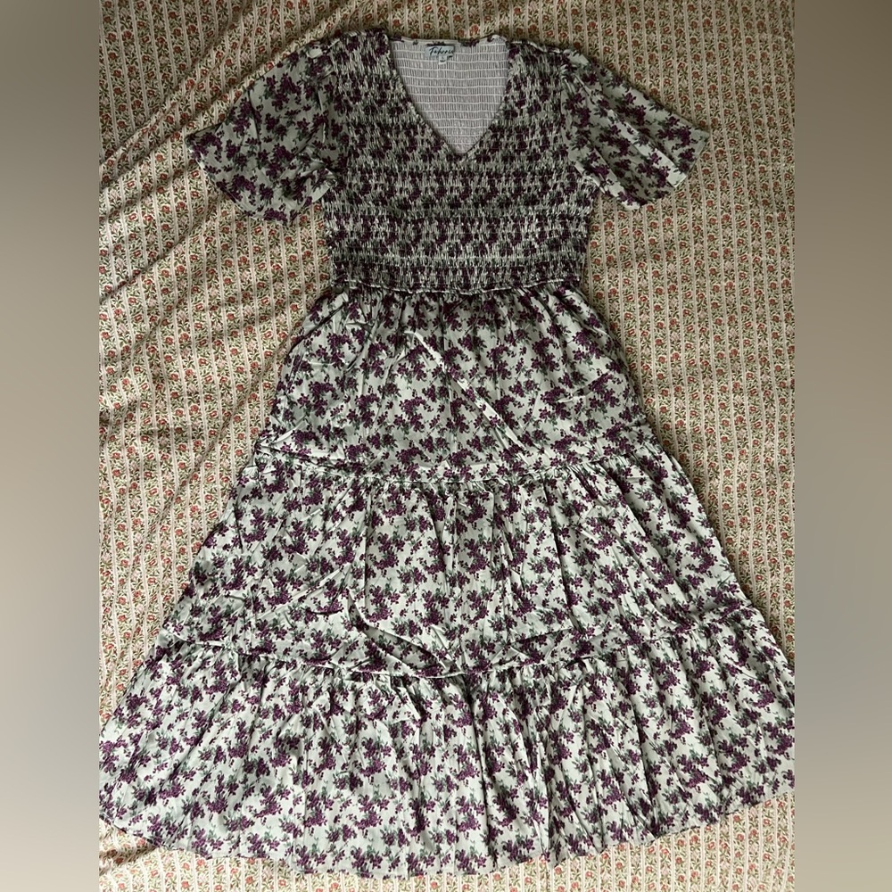 NWOT FEHRNVI Tayla Taupe Purple Floral Midi Cottagecore / Prairie Dress Large - Picture 5 of 10